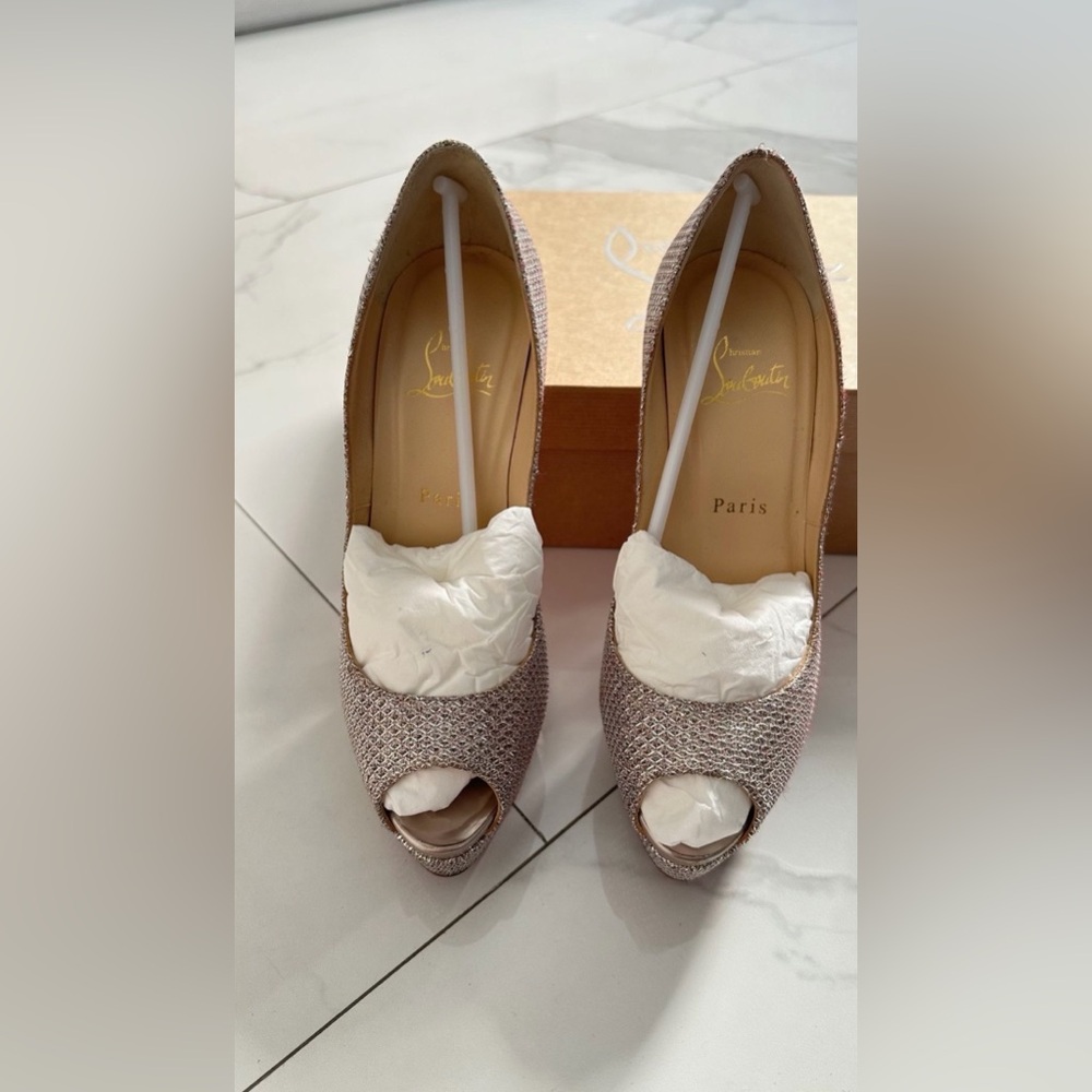 Christian Louboutin Glitter Peep Toe Heels - Silver.